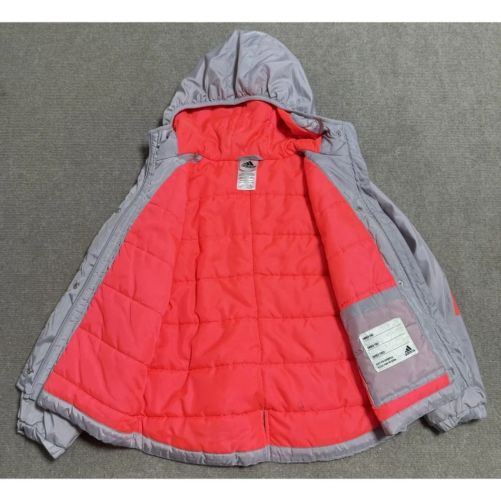 Adidas Jacket Girls Small 7/8‎ Gray Pink Hooded Puffer Coat Insulated Winter